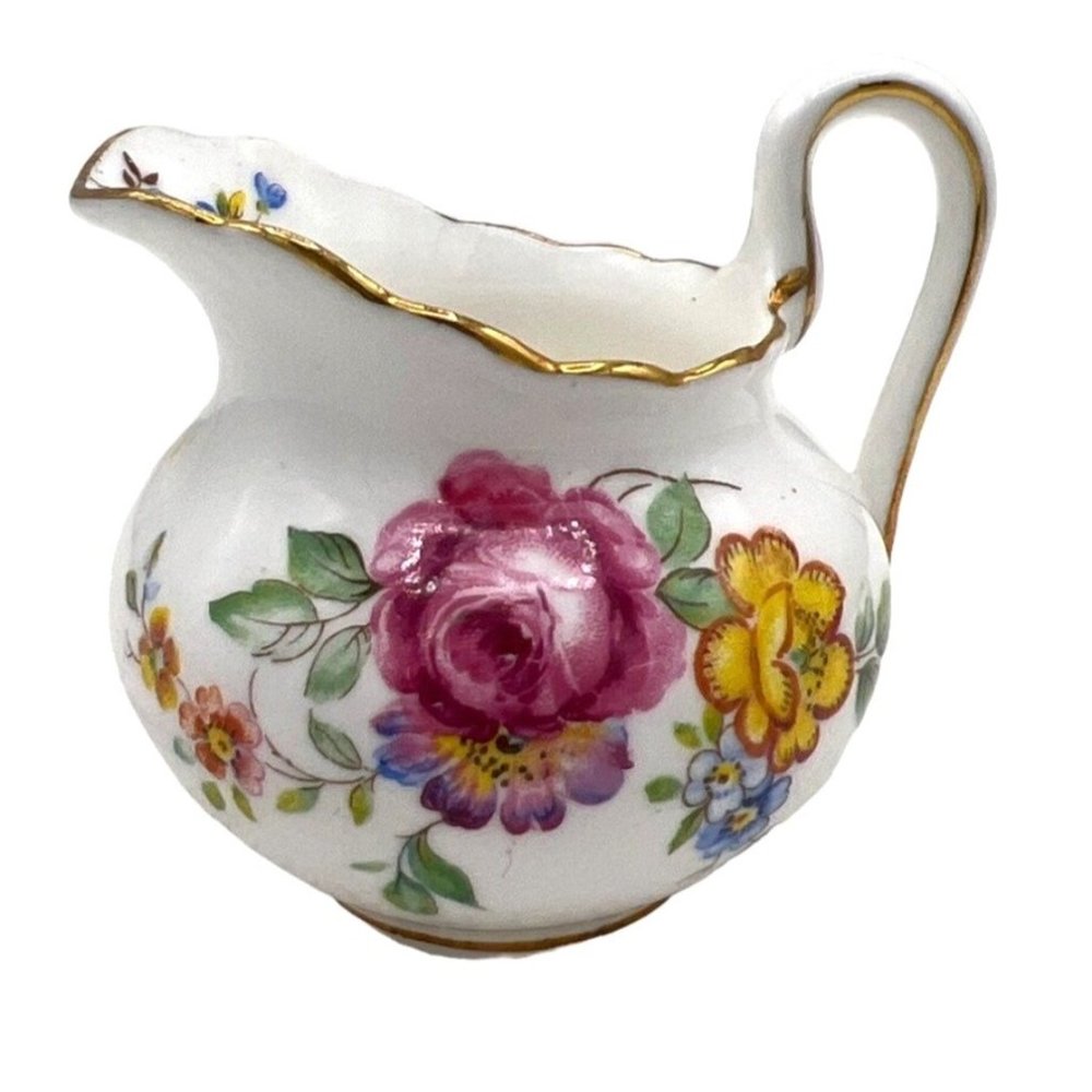 Chelsea Staffordshire Porcelain Red Yellow Floral Gold Gilt Creamer 2.5" Mini Vi